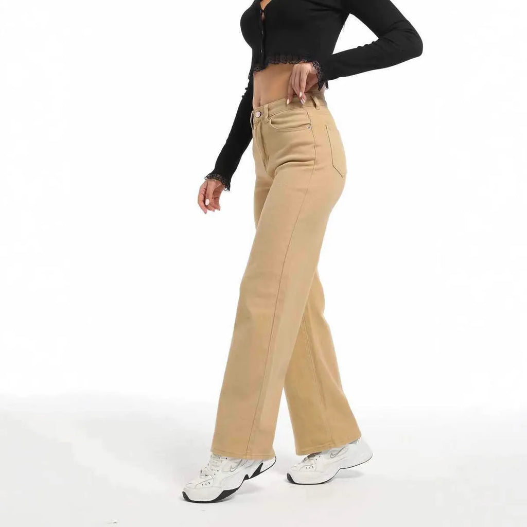 Women's high-waist straight-leg cotton jeans in apricot and khaki colours on a hanger.