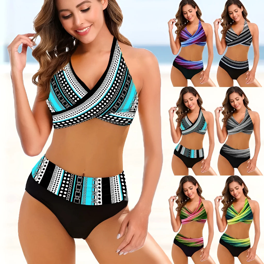 Women's striped tie-dye bikini with hollow back and high-waisted briefs