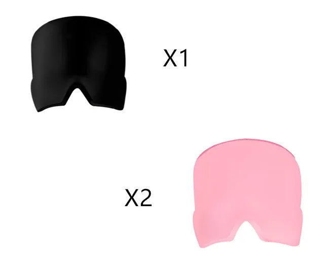 Black elastic cloth gel cold therapy eye mask for headache relief on grey background.