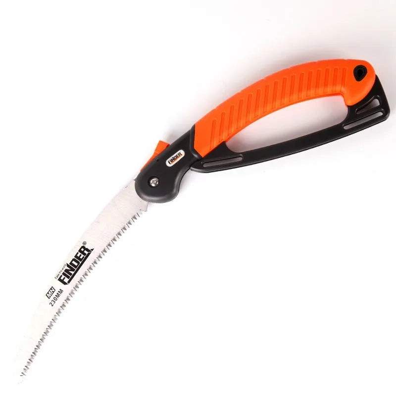 Folding garden saw with orange TPR grip and 9-inch steel blade extended for cutting