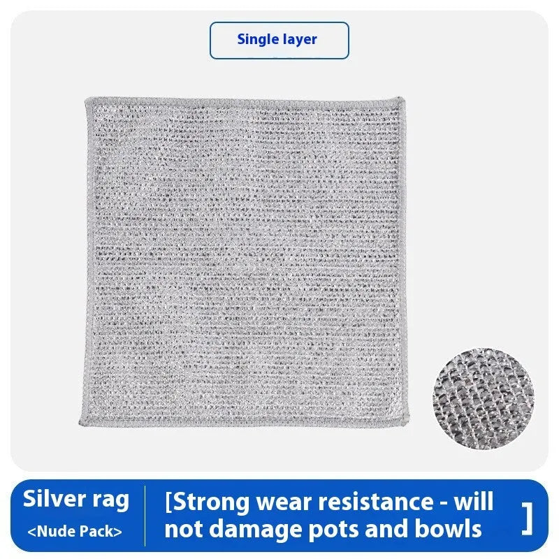 Silver wire and coloured microfiber cleaning cloths in 20x20cm and 25x25cm sizes laid flat.