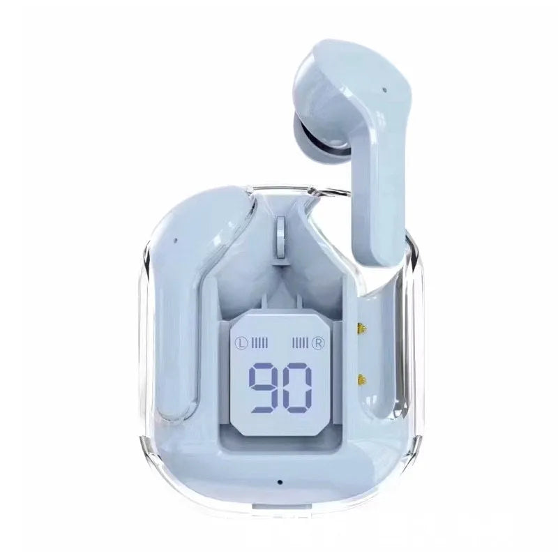 True wireless Bluetooth earphones with transparent space capsule charging case showing digital display screen