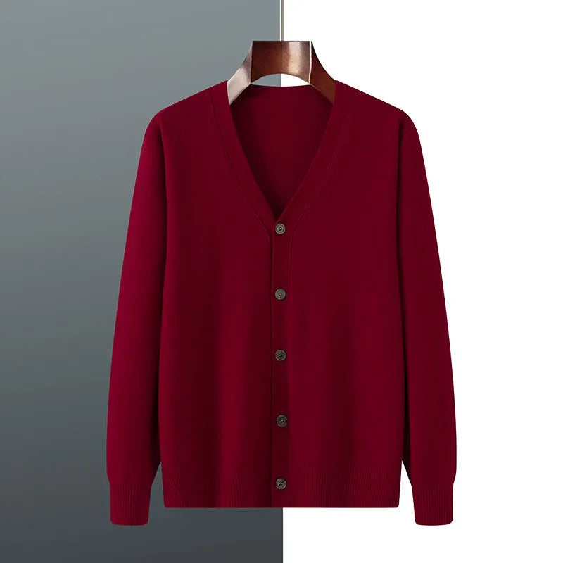 Man modelling a loose V-neck cardigan coat in Andy Velvet knitted fabric.