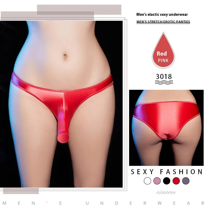 Men's low-waist T-back underwear in shiny nylon fabric, shown in multiple colour options.