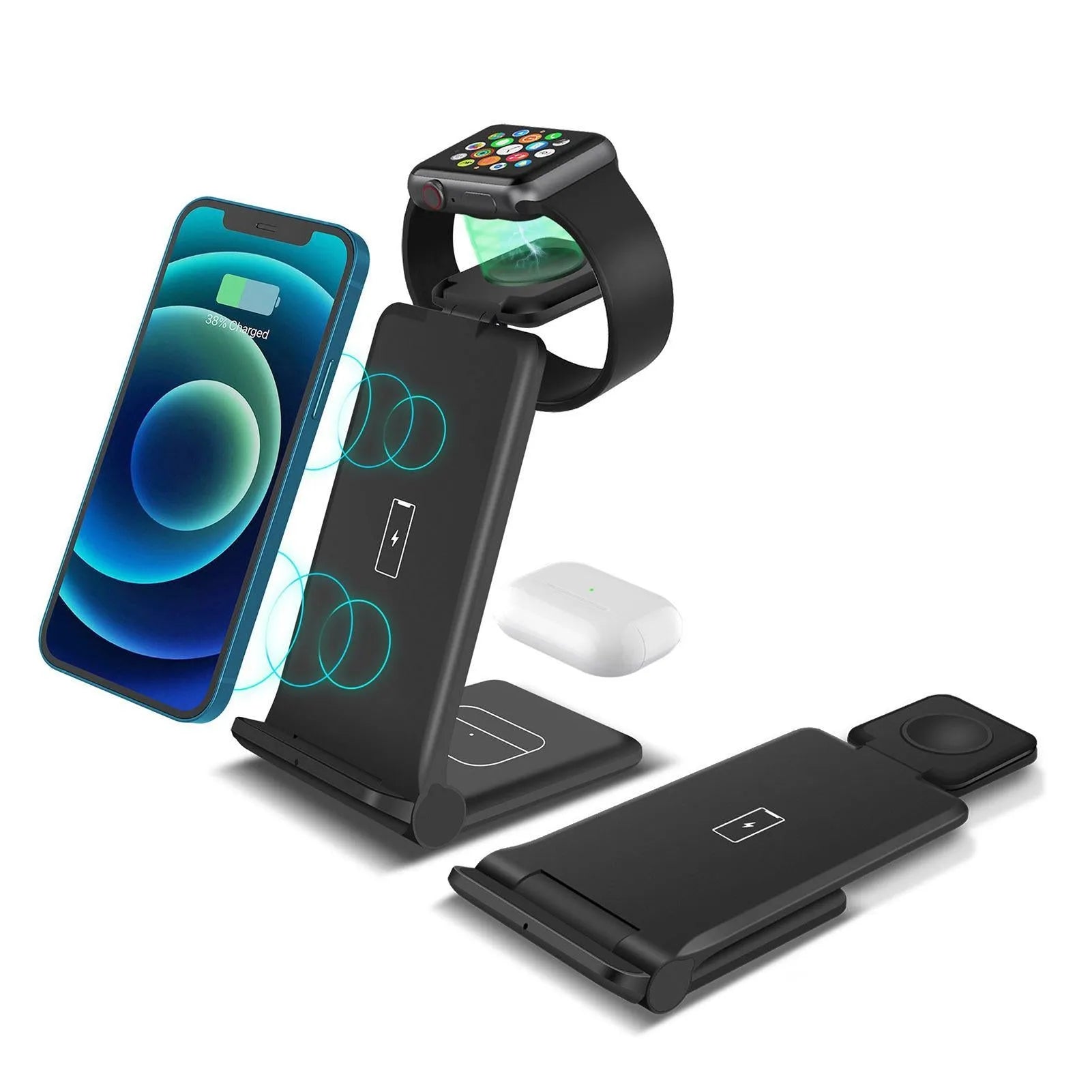 White 3-in-1 wireless charging station holding an iPhone upright, with an Apple Watch and AirPods on charging pads.