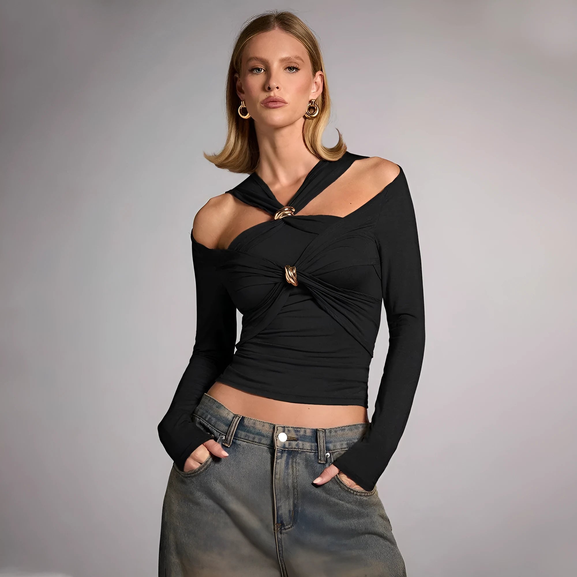 Black women's halter top with long sleeves and slim fit silhouette
