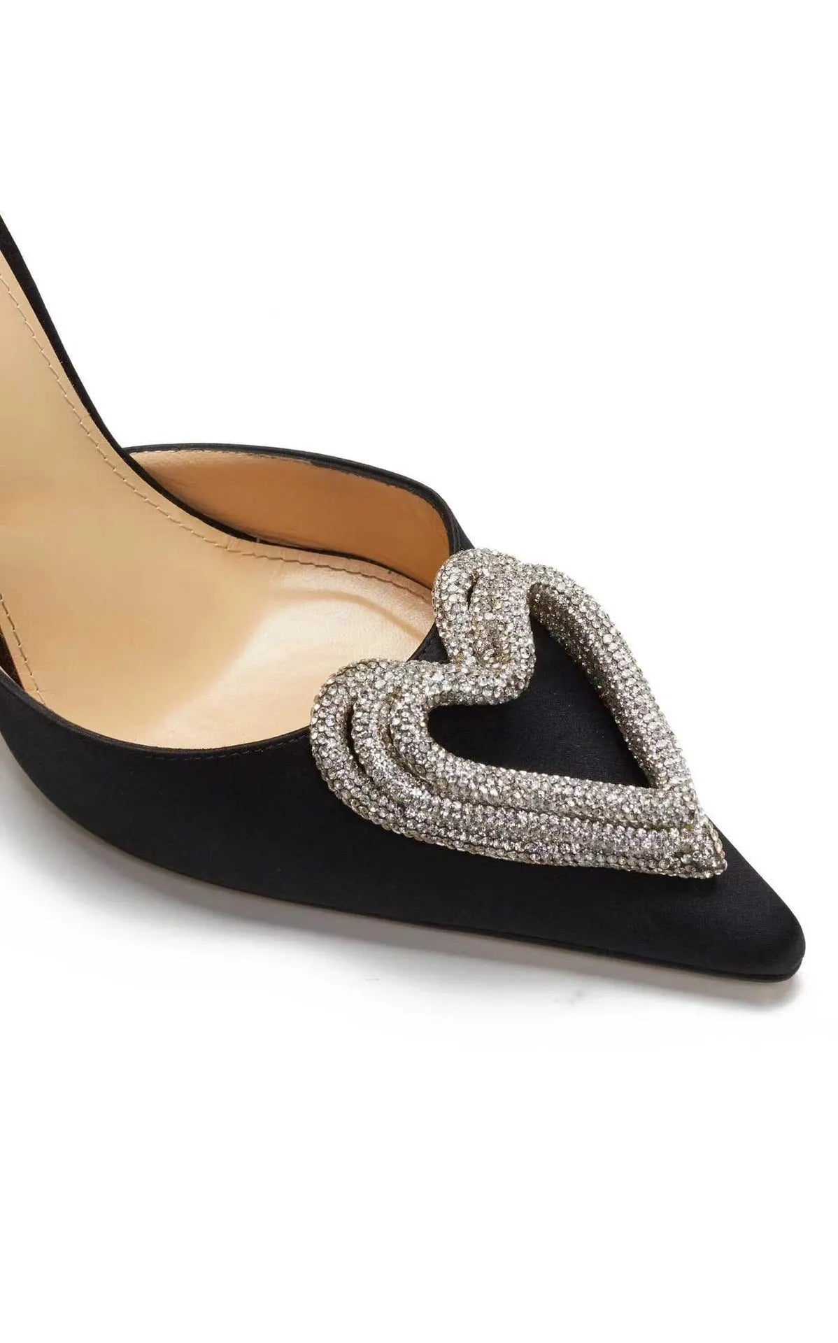 Women's pink satin sandal with heart-shaped rhinestone and cross-tape strap on a pointed toe.