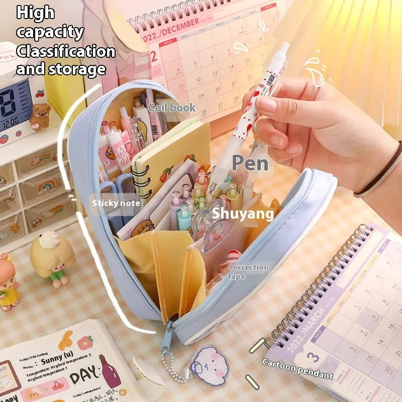 Transparent cartoon pencil case showing interior storage space with zippered closure