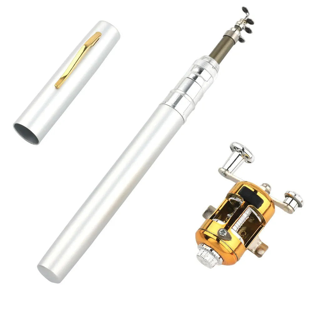 Portable telescopic fishing rod and reel kit collapsed in aluminium pen case with colour options displayed