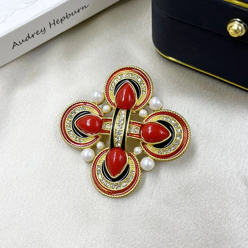 Vintage medieval baroque cross brooch with crystal accents in zinc alloy