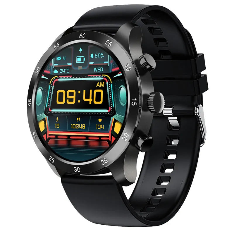 Apple iOS smart watch with Bluetooth calling on wrist, showing steel case and health monitoring display.