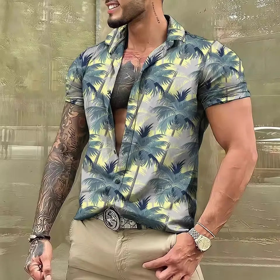 Men's floral printed short sleeve beach shirt in loose cardigan style