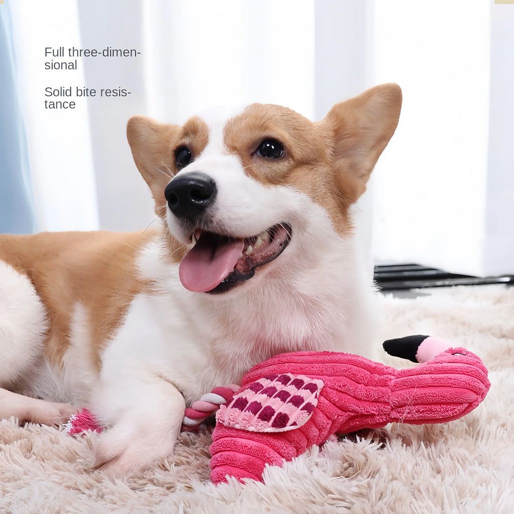 Pink corduroy animal-shaped squeaky plush dog toy on a plain background