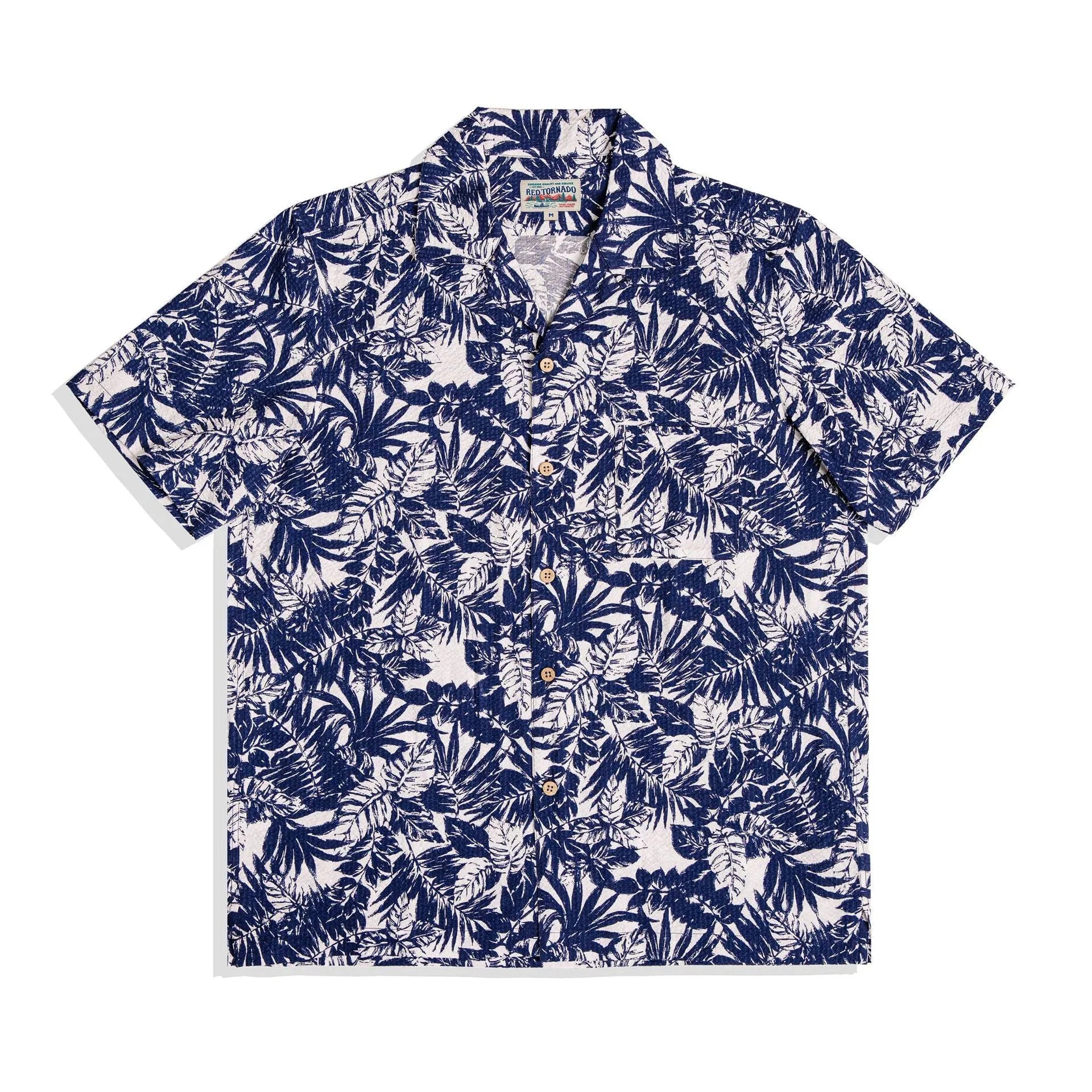 Vintage floral print seersucker shirt with Cuban collar in loose cardigan style for men