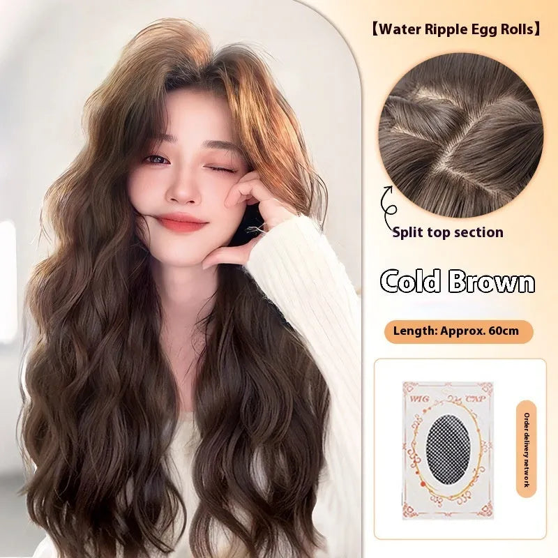 Full-head artificial hair wig with long curly style and side bangs in brown colour options