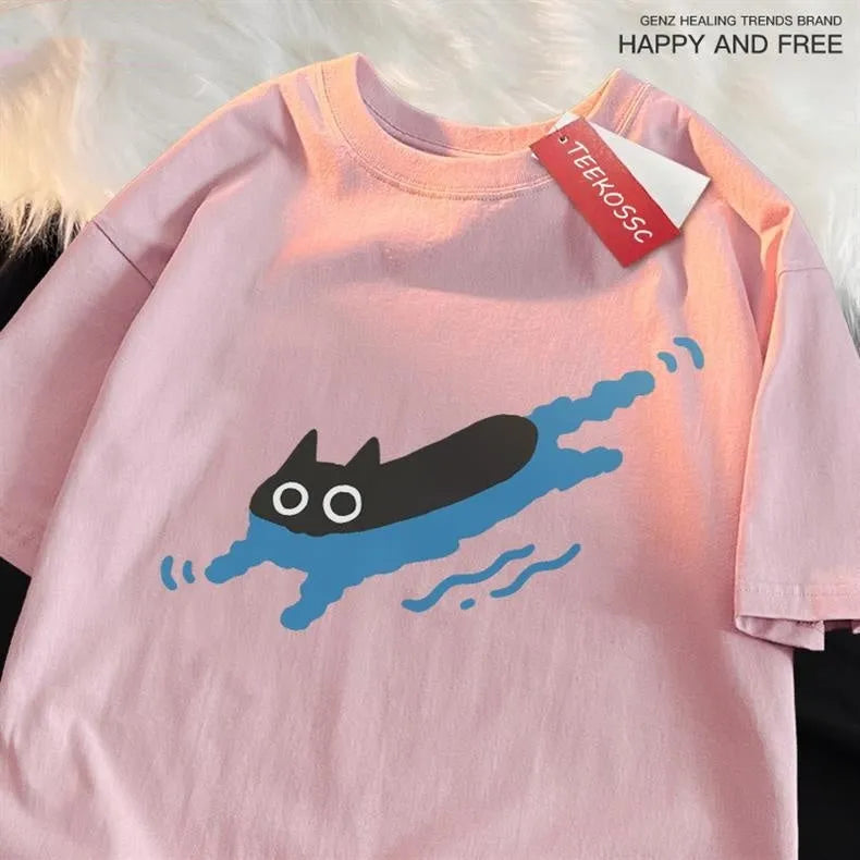 Plus size short sleeve cotton t-shirt for diving and swimming in black, blue, khaki, pink, or white.