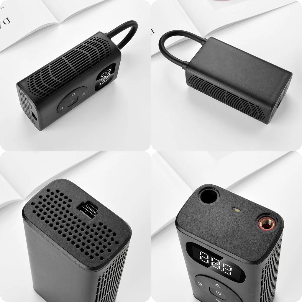 Black portable electric air compressor power bank with USB cable for tyre inflation