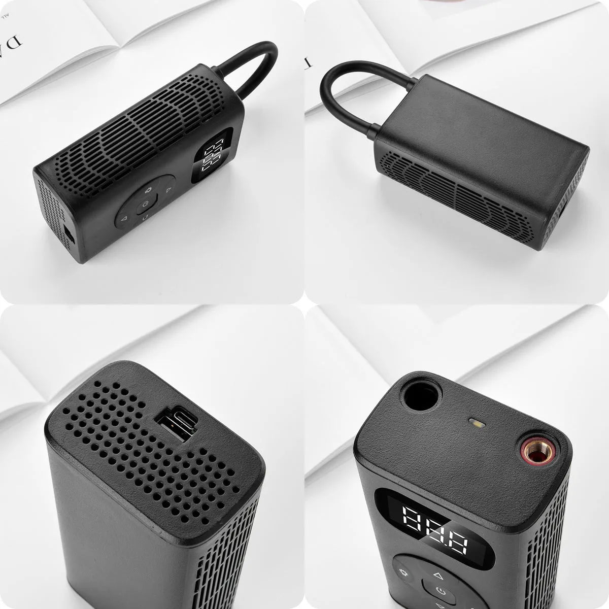 Black portable electric air compressor power bank with USB cable for tyre inflation