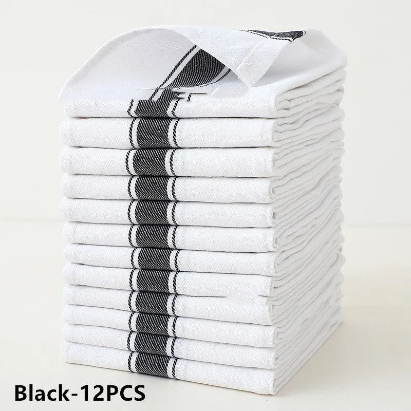 A pack of 12 striped polyester cotton blend kitchen dish towels in assorted colours, showing 48x70 cm size.