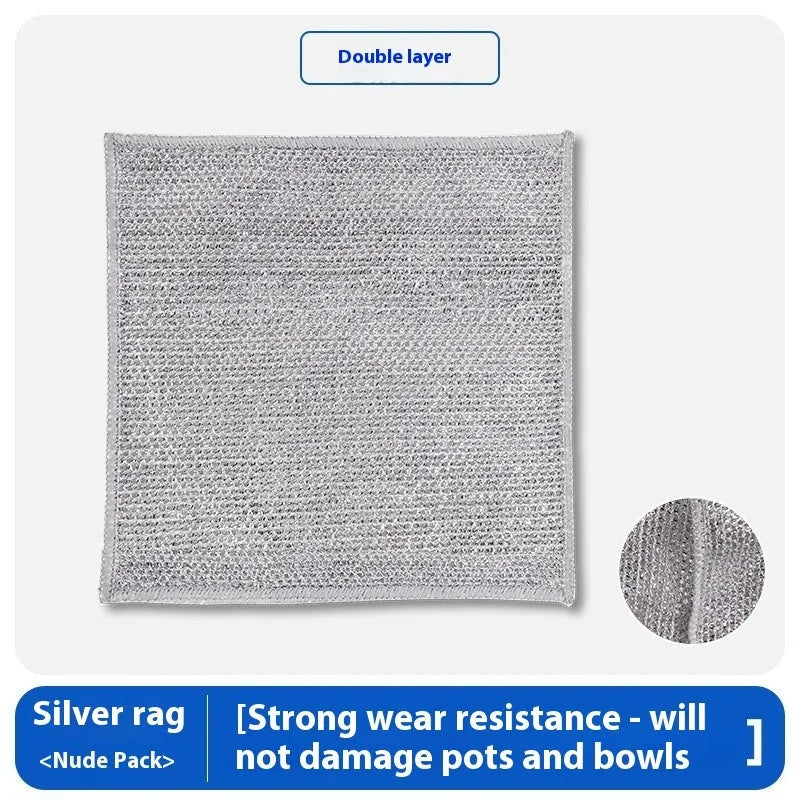Silver wire and coloured microfiber cleaning cloths in 20x20cm and 25x25cm sizes laid flat.
