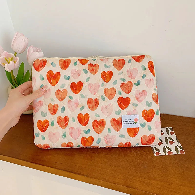 Women's floral cloth laptop bag in green flower, red heart, pink flower, or red flower patterns