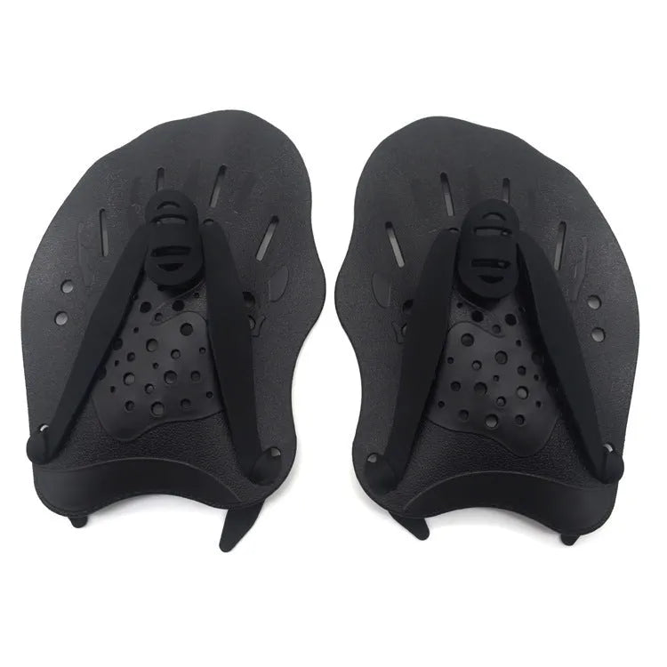 A pair of webbed swimming training hand paddles for freestyle stroke, shown in multiple colour options including dark blue with yellow.