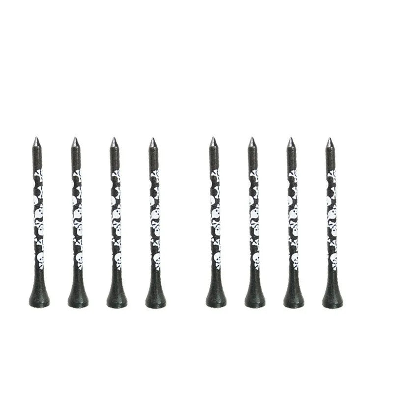 Ten black bamboo golf spike dowel pins with skull print decoration in 70mm and 83mm lengths