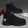 Men's black and yellow mid-calf Martin boots with an artificial PU upper and stout heel.