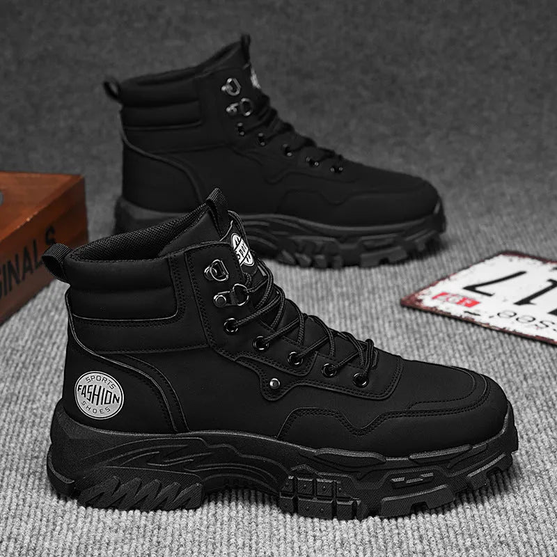 Men's black and yellow mid-calf Martin boots with an artificial PU upper and stout heel.