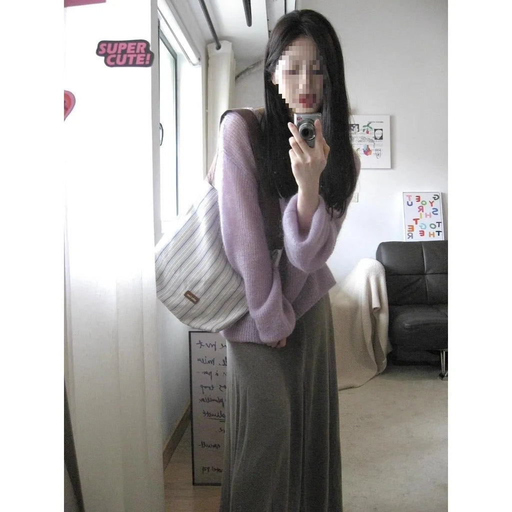 Purple women's loose hollow out blouse with princess sleeves, made from ice silk fabric.