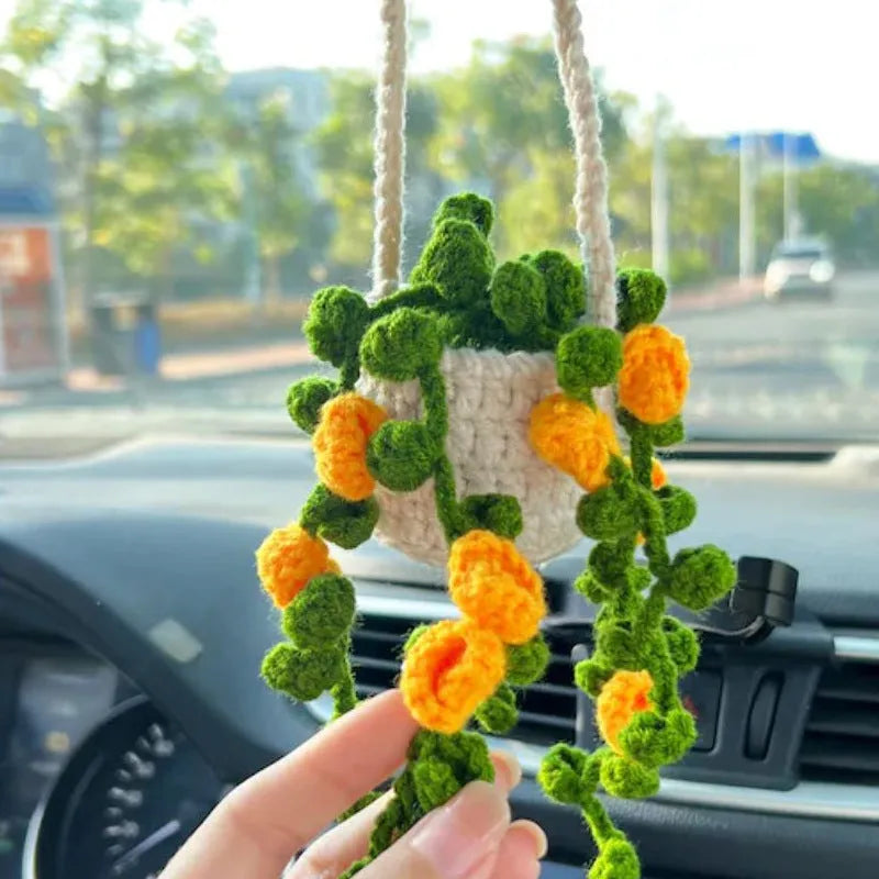Green and white knitted wool car plant decoration with white hanging rope.
