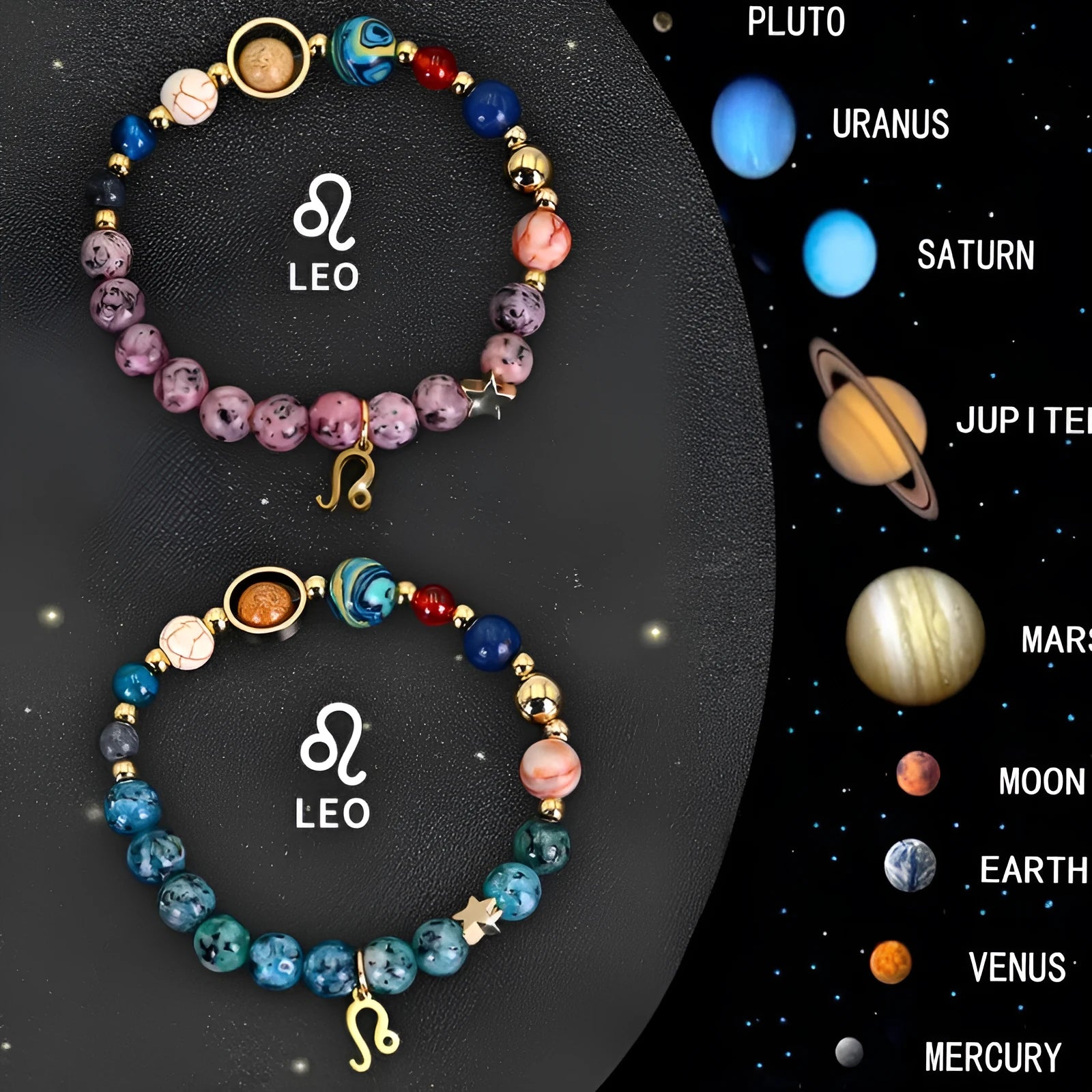 A pair of adjustable natural stone beaded bracelets on a wrist, representing Chinese zodiac signs.