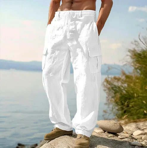 Men's cotton wide-leg trousers in light army green colour with casual mid waist design