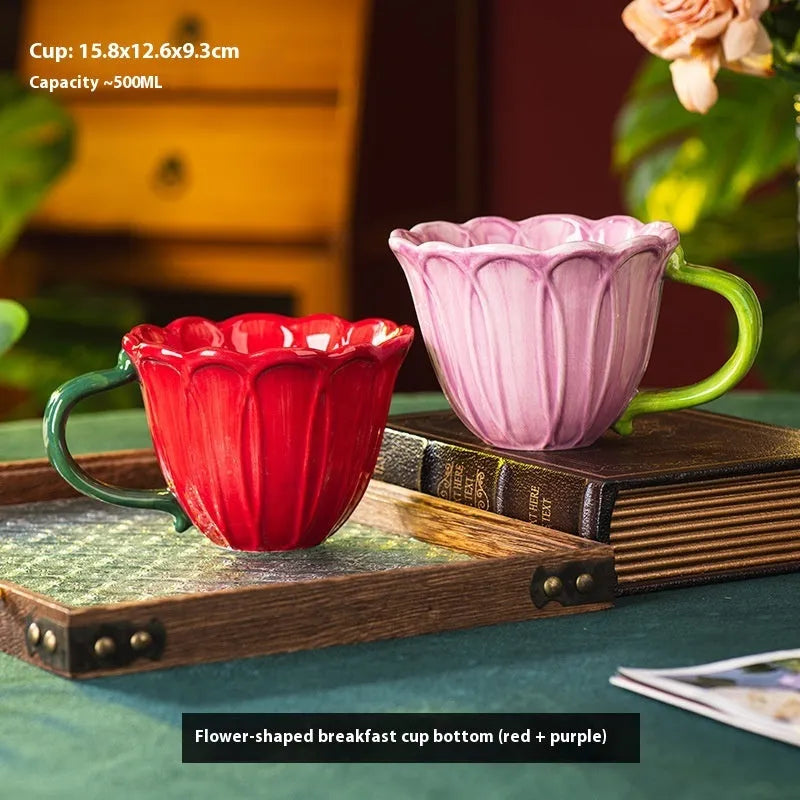 500ml pastoral pattern ceramic breakfast cup in red and purple colour options
