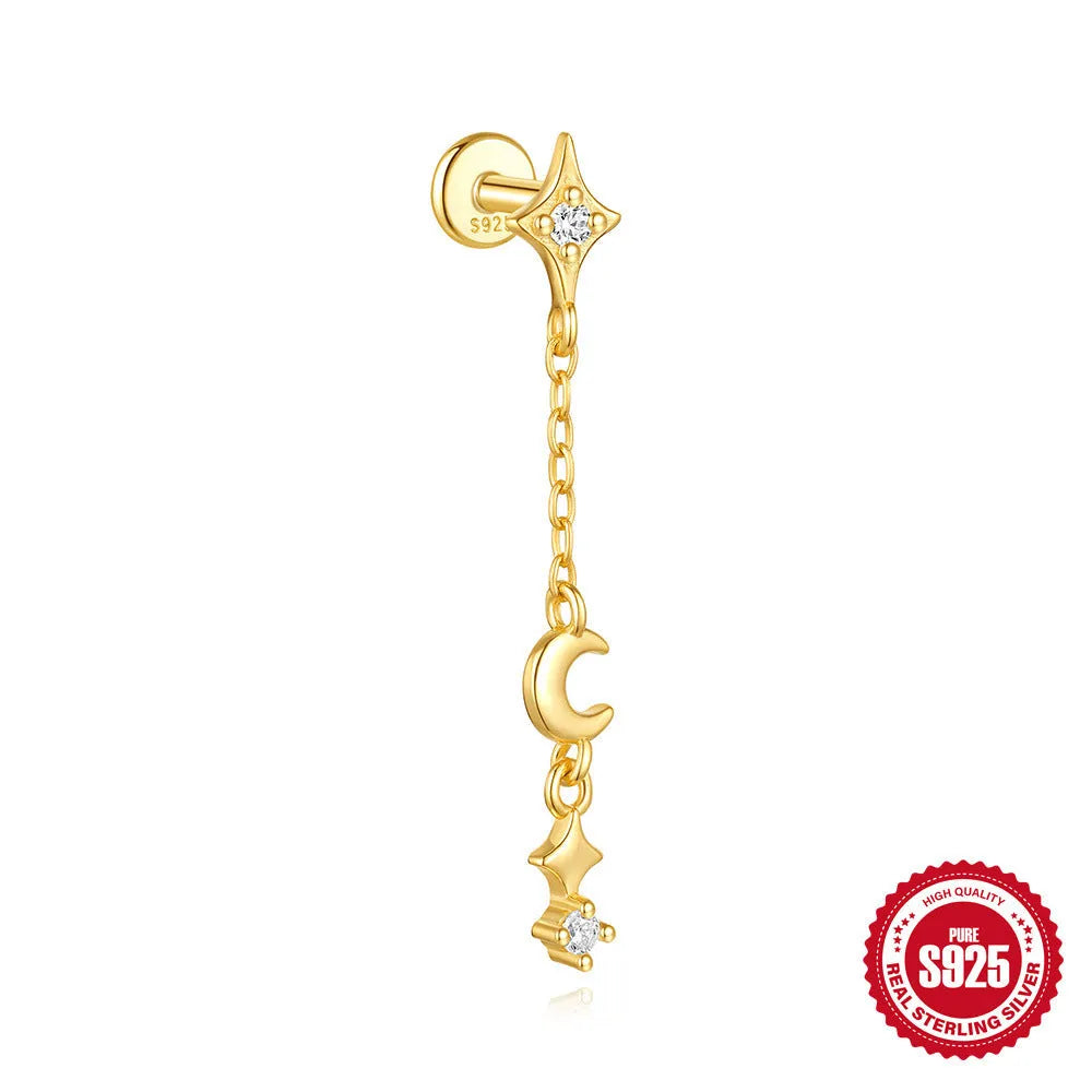 S925 sterling silver geometric star earrings with embedded moon and diamond detail in a gold colour.