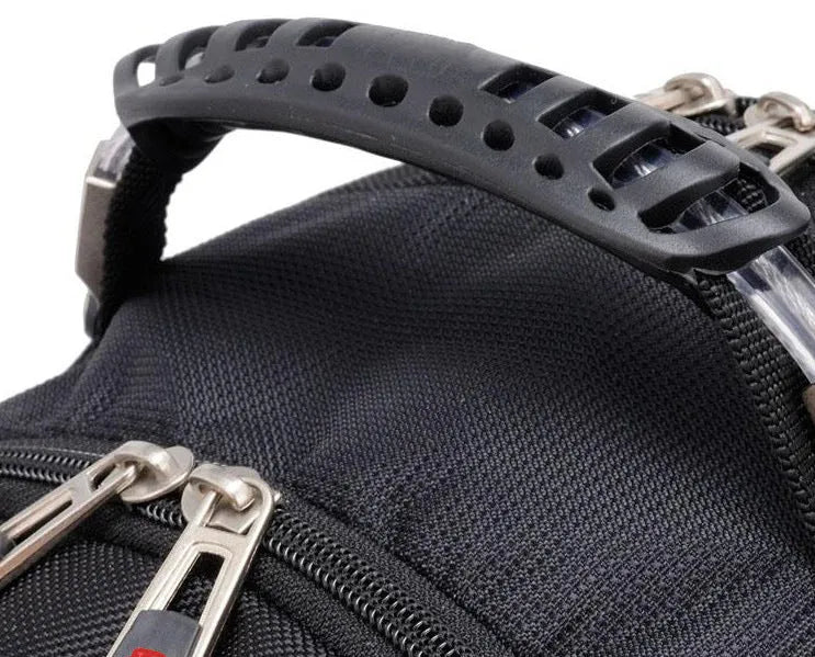 Black 38 litre business laptop backpack open to show three internal compartments for a computer, stationery, and storage.