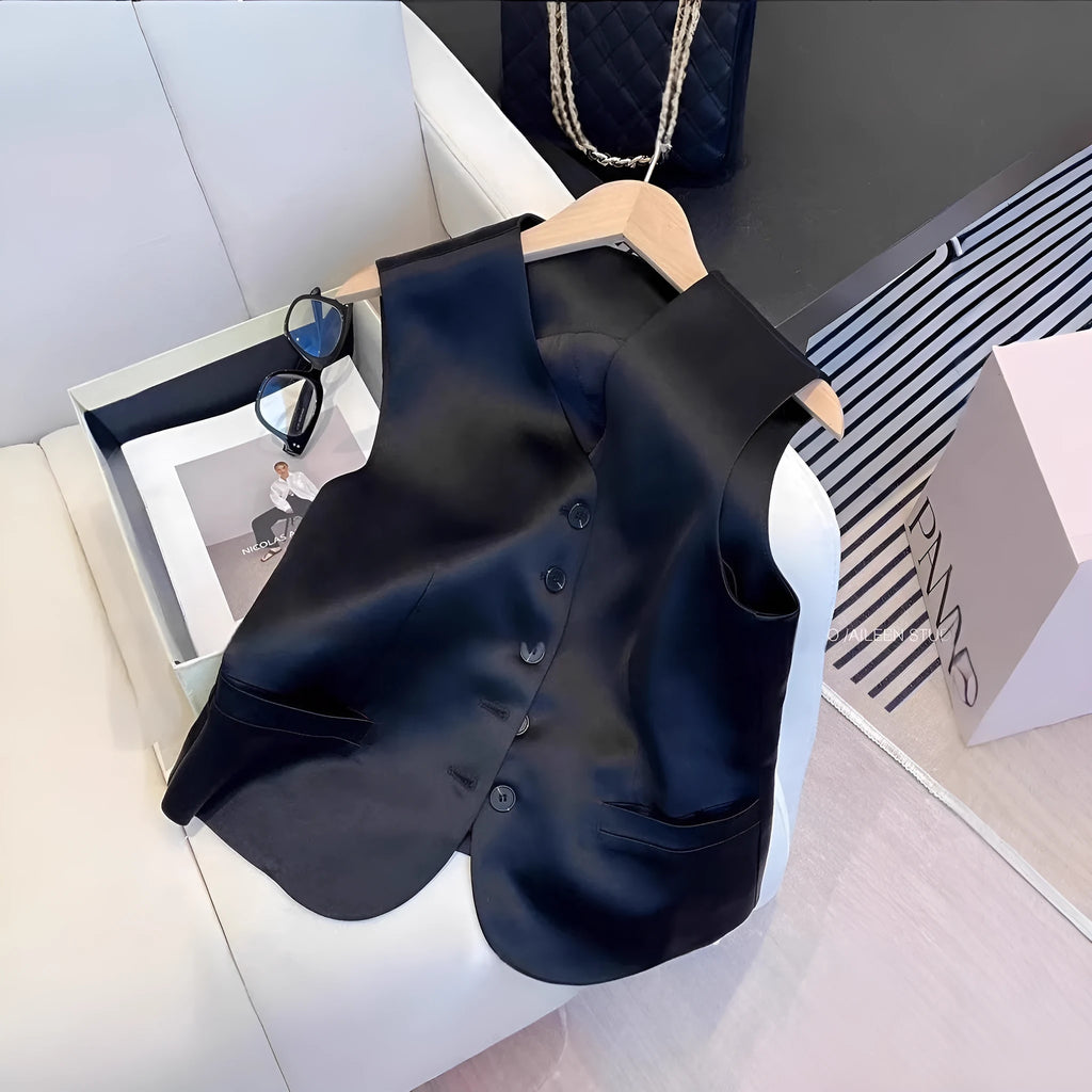 Black satin sleeveless vest with loose fit and splicing detail elements