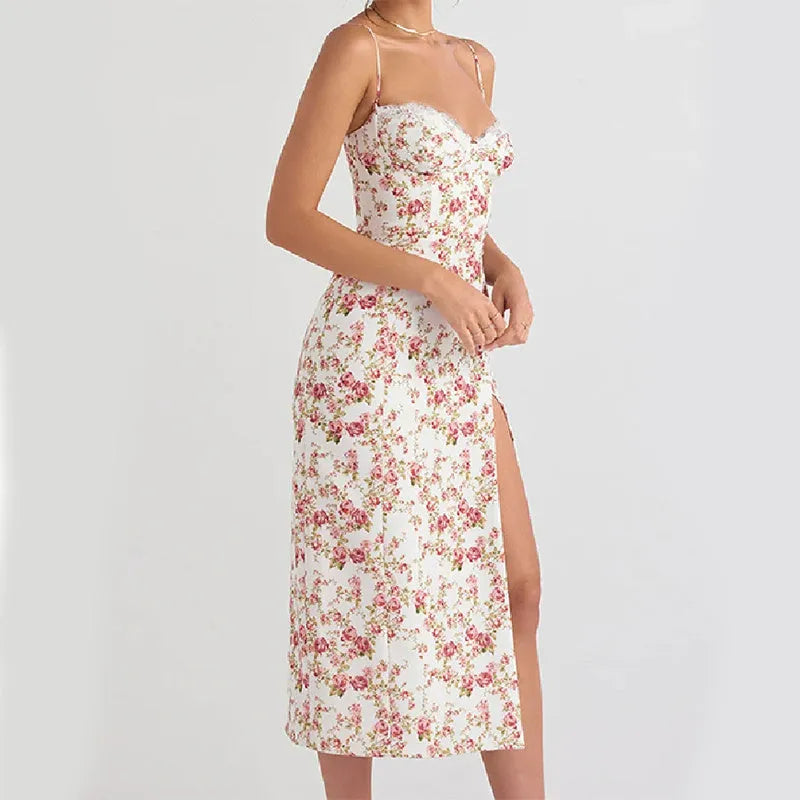 Women's lace floral print summer dress with side slit and suspender straps in polyester fabric