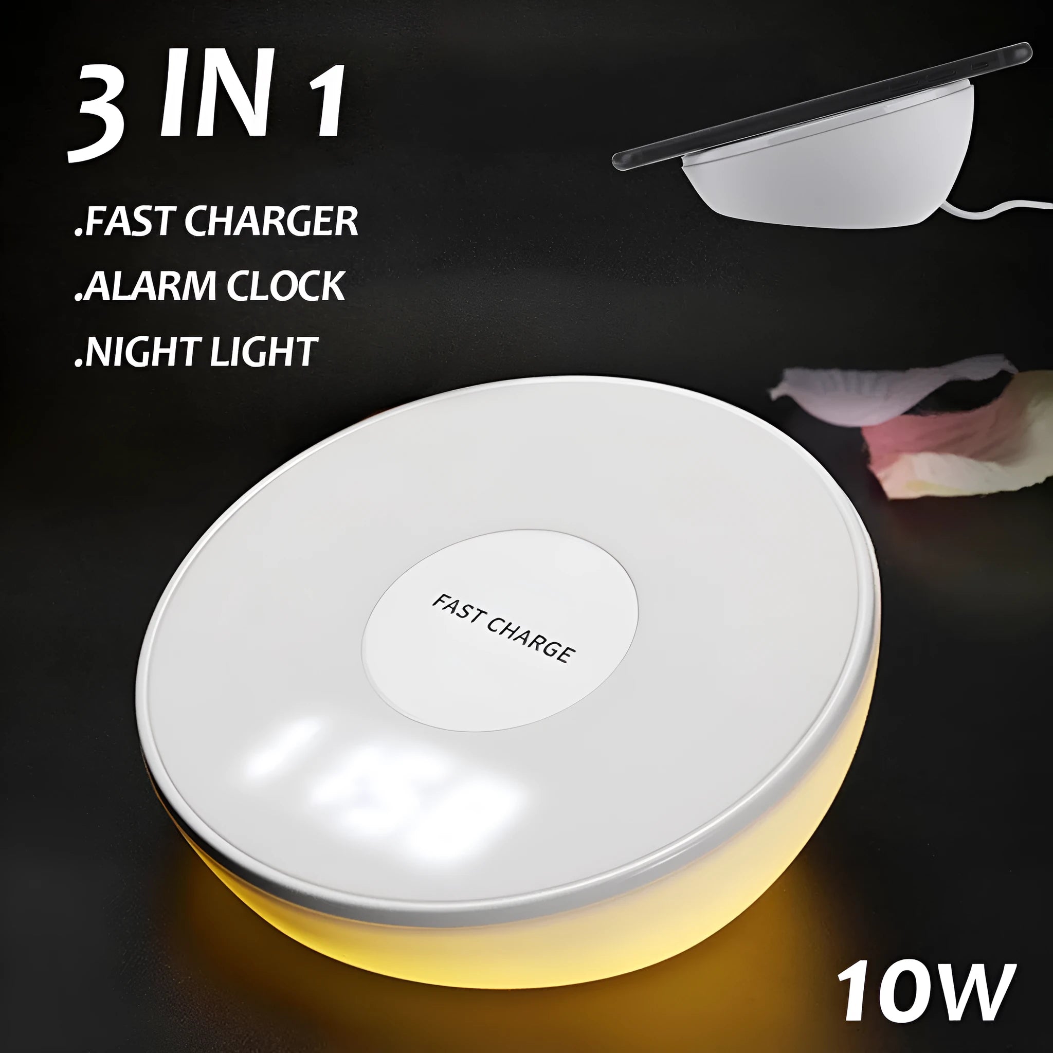 White wireless phone charger with digital clock display showing time, measuring 115mm long