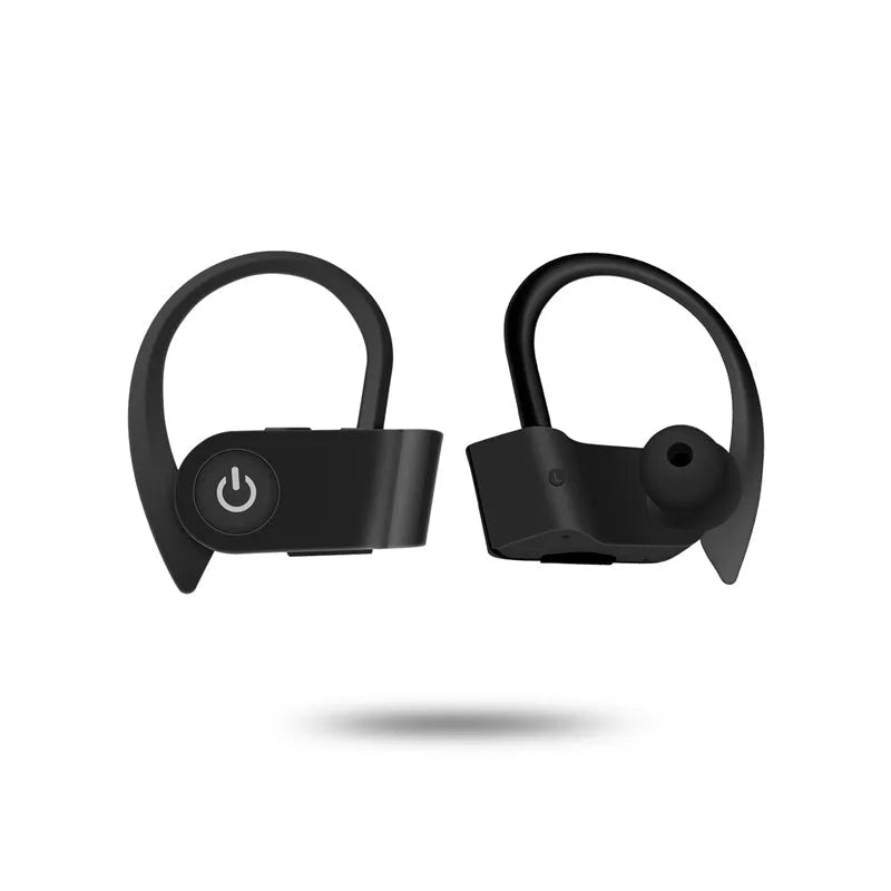 Black wireless Bluetooth earphones with ergonomic in-ear design and LED indicator light.