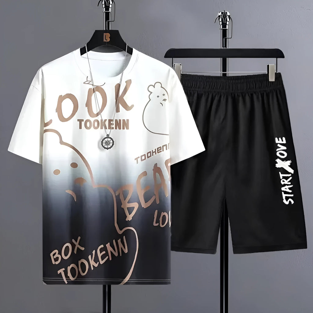 Men's light grey short sleeve top and matching shorts summer suit set on a hanger.