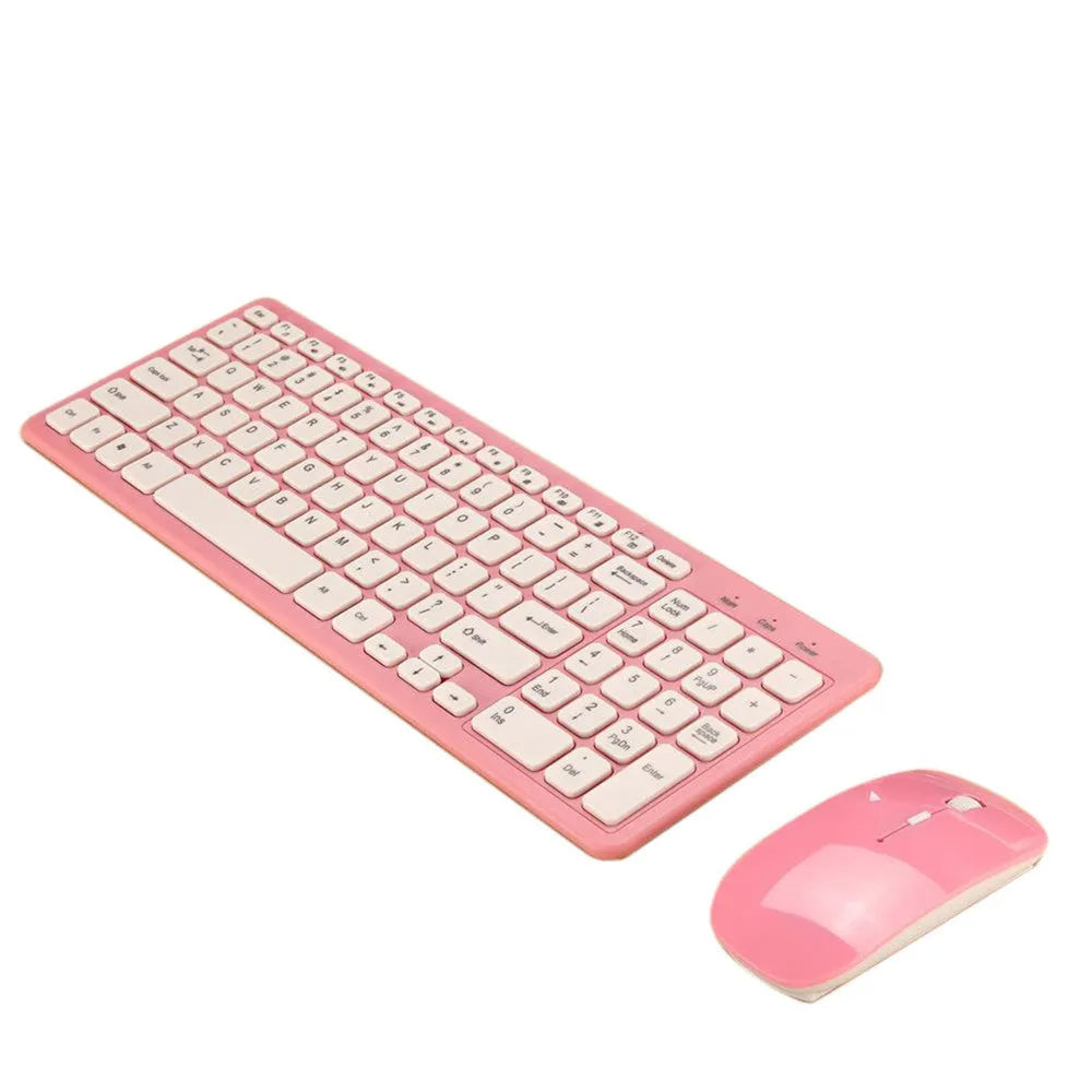 Wireless keyboard and mouse set in multiple colour options showing compact design and USB receiver