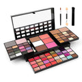 74-colour makeup palette open showing eyeshadows, lip glosses, and face powders with included brushes