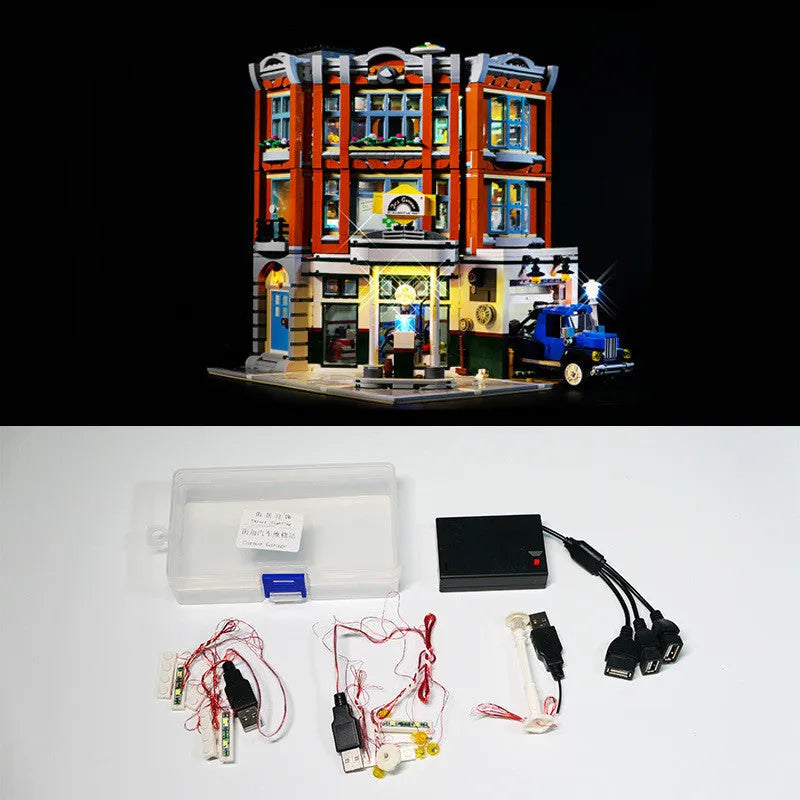 Plastic LED lighting kit components for a MOC model corner repair shop diorama.