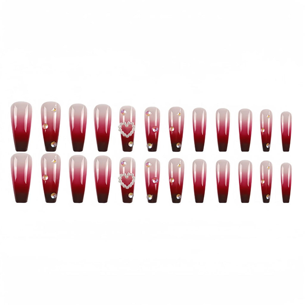 Wine red gradient plaid false nail tips with long ballet shape and jelly glue kit