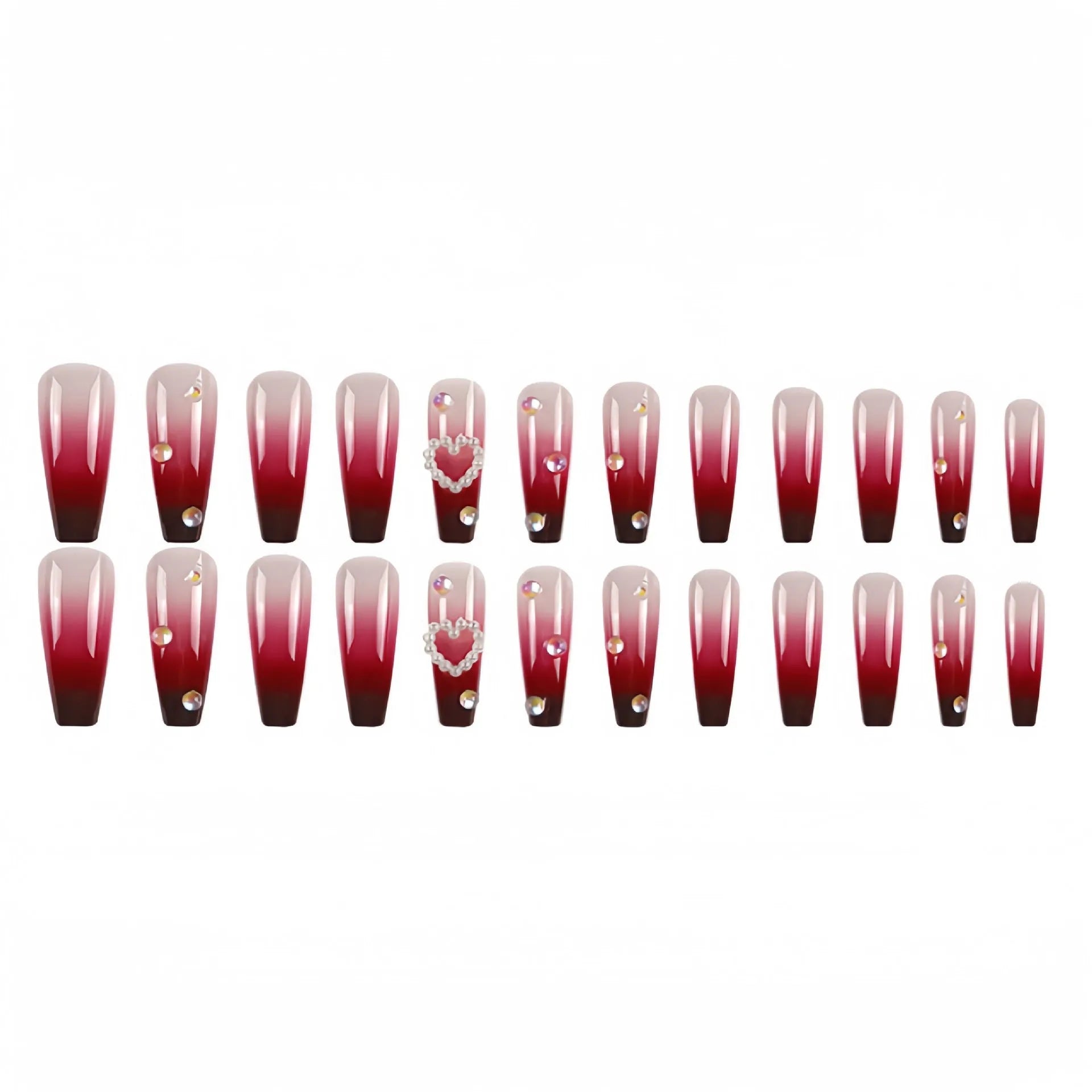 Wine red gradient plaid false nail tips with long ballet shape and jelly glue kit