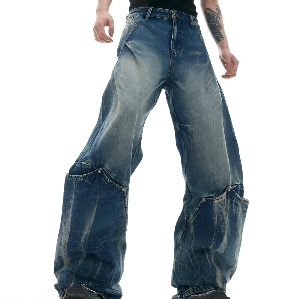 Men's verdant blue loose fit curved knife jeans with retro wash and burst pattern detail