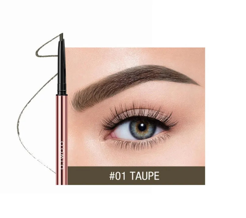 Eyebrow makeup pencil in colour box with six shade options including Auburn and Taupe.