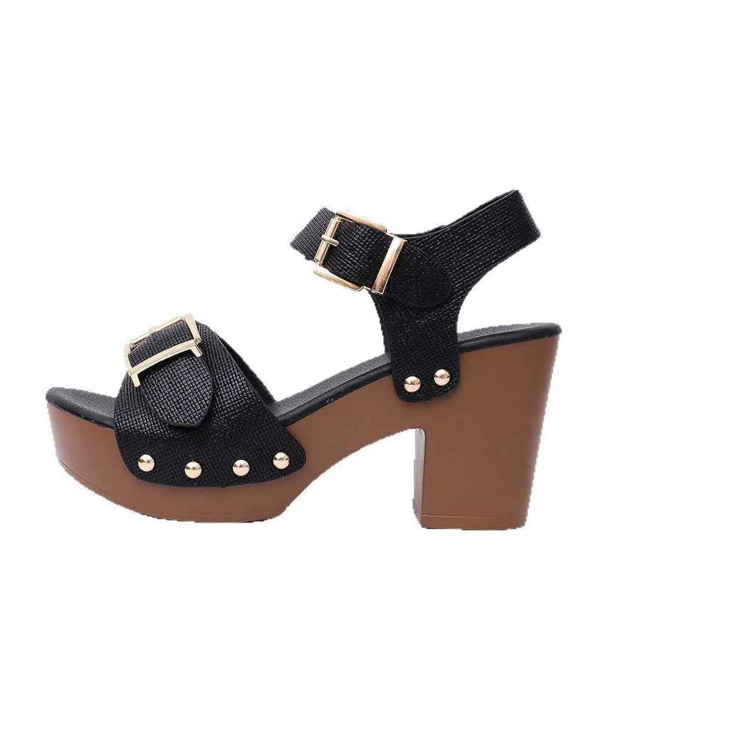 Women's plus size high heel sandals with buckle closure and rivet detail in beige