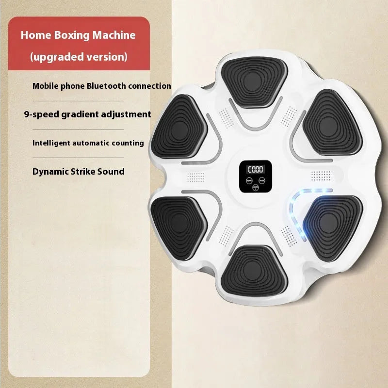Smart electronic boxing target mounted on a wall, with black and white boxing gloves for reaction training.